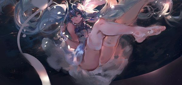 Anime picture 1280x600 with vocaloid hatsune miku kishiyo single long hair looking at viewer open mouth light erotic wide image twintails bare shoulders aqua eyes aqua hair no shoes leg lift (legs lift) revision space girl thighhighs dress
