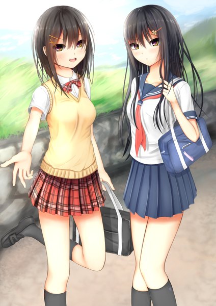 Anime picture 2894x4093 with original kurokami (kurokaminohito) long hair tall image blush highres short hair open mouth black hair smile multiple girls brown eyes girl skirt uniform 2 girls school uniform socks serafuku black socks