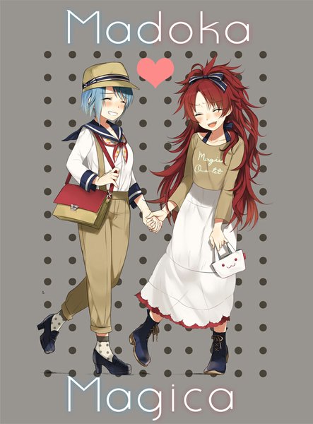 Anime picture 715x968 with mahou shoujo madoka magica shaft (studio) sakura kyouko miki sayaka kyuubee kippu long hair tall image blush short hair smile multiple girls blue hair ponytail red hair eyes closed grey background alternate costume copyright name holding hands