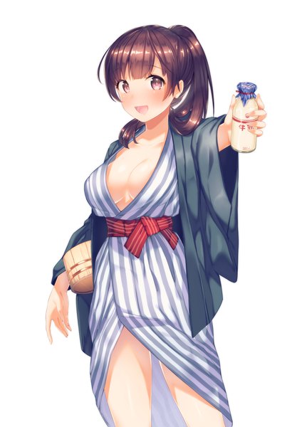 Anime picture 1191x1684 with original suihei-sen single long hair tall image looking at viewer blush breasts open mouth light erotic brown hair white background ponytail traditional clothes japanese clothes girl kimono milk