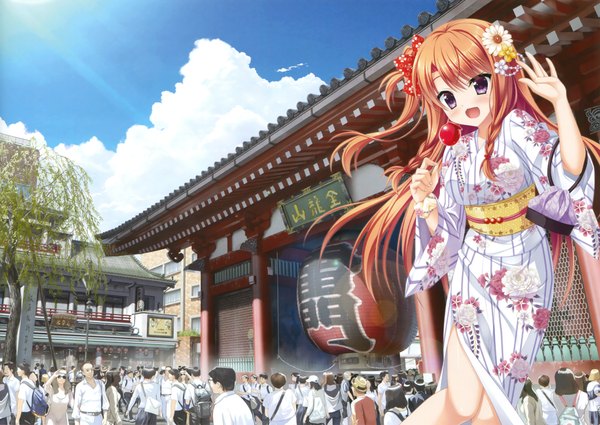 Anime picture 2631x1866 with floral flowlove denkigai matsuri 2016 summer in asakusa (artbook) mihato kano moribe (rabumanyo) long hair blush highres open mouth brown hair purple eyes sky cloud (clouds) traditional clothes japanese clothes hair flower scan one side up floral print real world location tokyo
