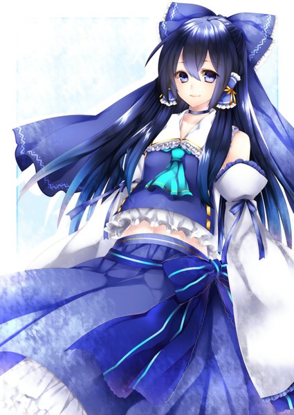 Anime picture 1253x1770 with touhou hakurei reimu yutazou single long hair tall image looking at viewer blue eyes blue hair traditional clothes miko alternate color girl bow hair bow detached sleeves
