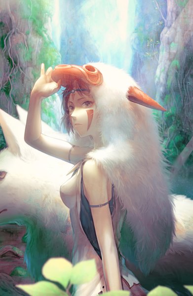 Anime picture 1050x1610 with mononoke hime studio ghibli san moro no kimi rowya single tall image looking at viewer breasts brown hair facial mark face paint girl plant (plants) animal tree (trees) fur leaf (leaves) forest wolf