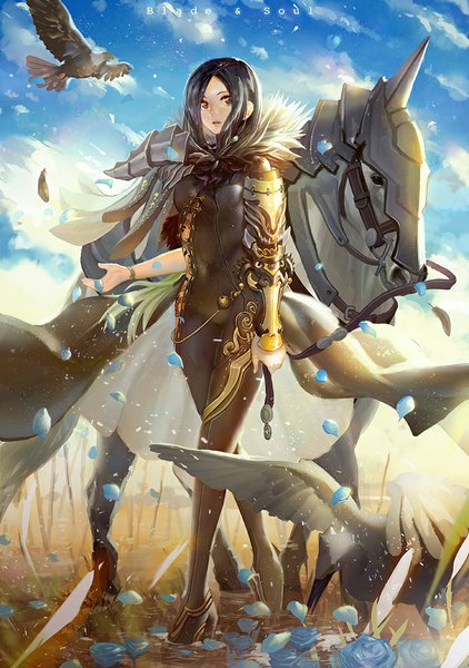 Anime picture 704x1000 with blade & soul jin seo yeon canking single long hair tall image looking at viewer black hair standing brown eyes sky cloud (clouds) horn (horns) sunlight high heels girl flower (flowers) animal petals bracelet