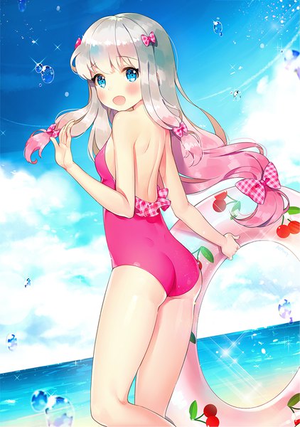 Anime picture 800x1138 with eromanga sensei a-1 pictures izumi sagiri ayami (annahibi) single tall image looking at viewer blush fringe open mouth blue eyes light erotic standing holding pink hair sky cloud (clouds) bent knee (knees) ass :d