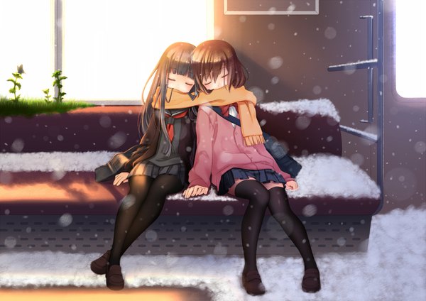 Anime picture 1753x1240 with original nana mikoto highres black hair brown hair multiple girls eyes closed snowing winter snow sleeping shared scarf girl thighhighs uniform black thighhighs 2 girls plant (plants) school uniform serafuku