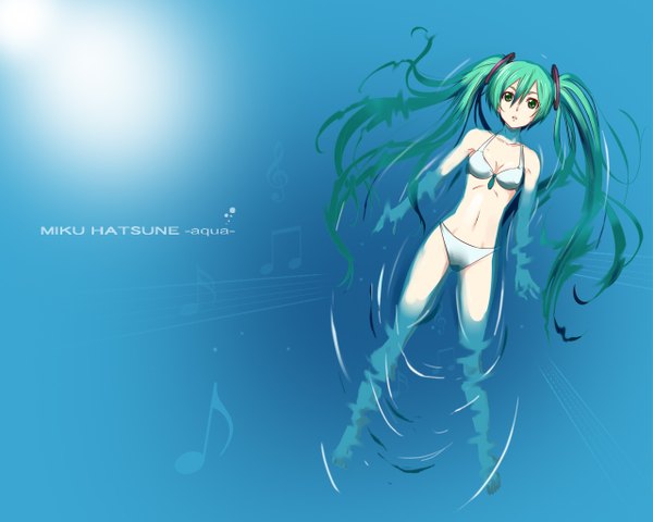 Anime picture 1280x1024 with vocaloid hatsune miku twintails green eyes green hair aqua background girl swimsuit bikini water white bikini