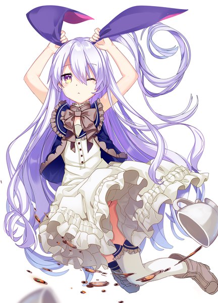 Anime picture 576x800 with original nyori single tall image fringe light erotic simple background hair between eyes white background holding animal ears yellow eyes silver hair full body bent knee (knees) very long hair one eye closed blurry arms up sleeveless