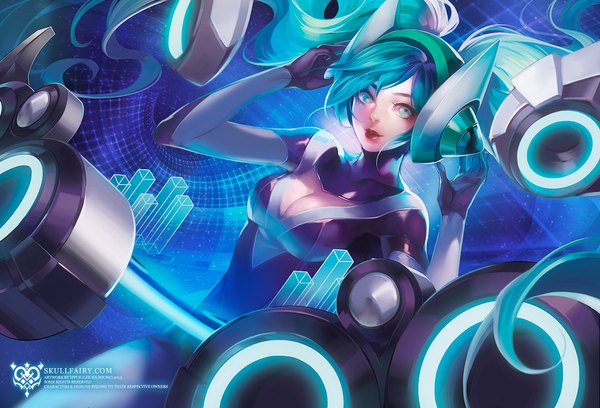 Anime picture 1176x800 with league of legends sona buvelle ippus single looking at viewer breasts large breasts twintails very long hair aqua eyes aqua hair hand on headphones girl gloves black gloves headphones bodysuit