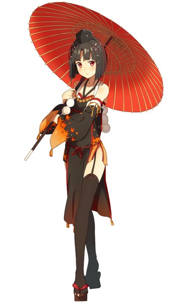 Anime picture 869x1500 with original kinta (distortion) single tall image looking at viewer blush short hair black hair red eyes white background chinese clothes girl thighhighs black thighhighs hat detached sleeves umbrella chinese dress