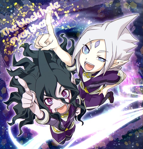 Anime picture 1200x1248 with inazuma eleven inazuma eleven go inazuma eleven go galaxy gandaresu baran ryugeru baran yanyo (ogino atsuki) long hair tall image looking at viewer short hair open mouth black hair purple eyes white hair from above pointy ears inscription multiple boys hand on hip outstretched arm