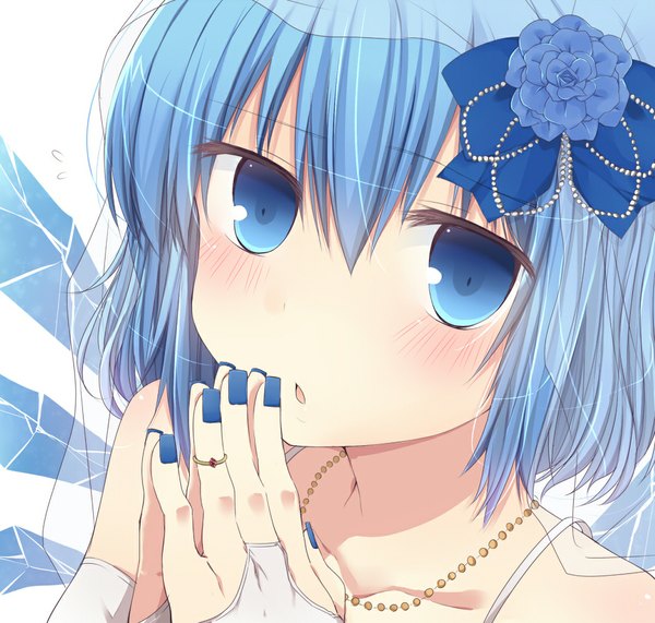 Anime picture 1050x1000 with touhou cirno ari suzushi single blush short hair blue eyes blue hair nail polish hair flower face girl hair ornament jewelry ring