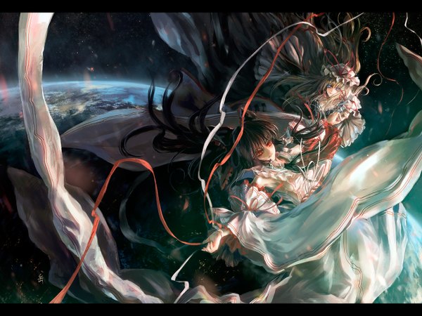 Anime picture 1440x1080 with touhou hakurei reimu yakumo yukari archlich long hair breasts blue eyes blonde hair red eyes brown hair multiple girls armpit (armpits) sideboob letterboxed space girl bow 2 girls hair bow hat