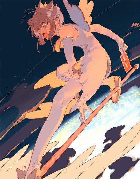 Anime picture 700x898 with card captor sakura clamp kinomoto sakura coralstone single tall image short hair open mouth green eyes looking away ahoge grey hair two side up flying fighting stance magical girl girl thighhighs gloves white thighhighs
