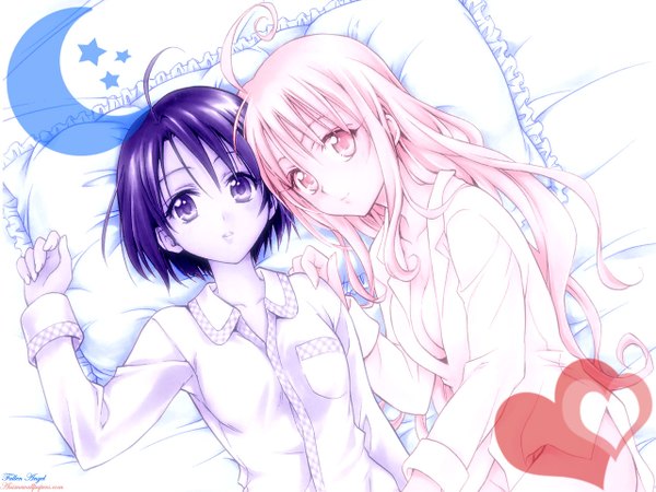 Anime picture 1280x960 with toloveru xebec lala satalin deviluke sairenji haruna long hair short hair smile purple eyes multiple girls pink hair purple hair lying pink eyes girl 2 girls heart pillow pajamas