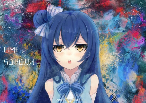 Anime picture 1132x800 with love live! school idol project sunrise (studio) love live! sonoda umi yudough single long hair open mouth bare shoulders yellow eyes blue hair inscription girl bow hair bow bowtie