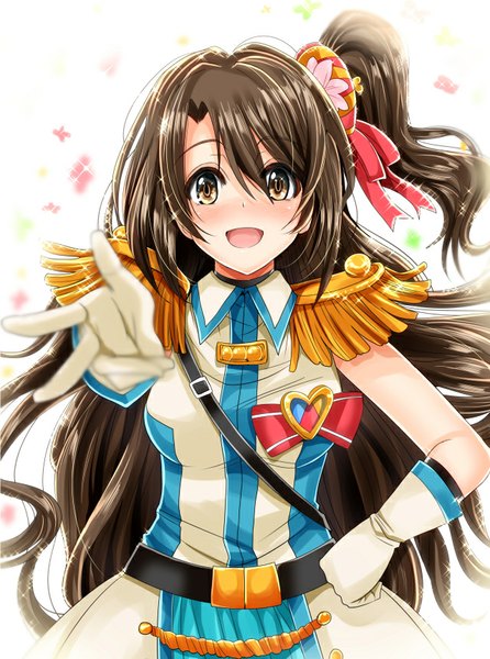 Anime picture 640x861 with idolmaster idolmaster cinderella girls shimamura uzuki inu (marukome) single long hair tall image looking at viewer blush fringe open mouth smile brown hair brown eyes one side up outstretched arm crystal night party girl gloves uniform