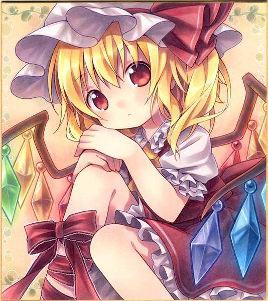 Anime picture 1500x1687 with touhou flandre scarlet kagami leo single tall image looking at viewer blush short hair blonde hair red eyes sitting one side up girl ribbon (ribbons) wings bonnet crystal