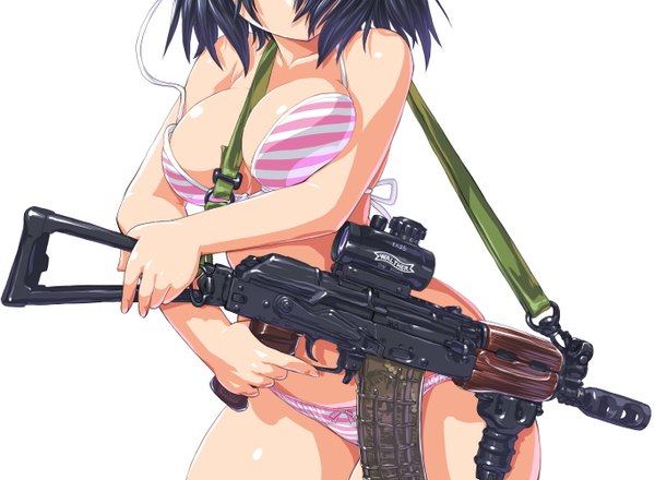 Anime picture 1363x1000 with original dd (ijigendd) single short hair breasts light erotic black hair simple background large breasts white background holding shiny skin between breasts head out of frame untied trigger discipline wardrobe malfunction girl panties weapon