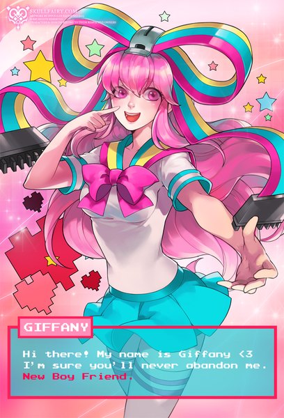 Anime picture 800x1176 with gravity falls giffany ippus single long hair tall image blush fringe open mouth signed pink hair pink eyes character names text outstretched arm finger to mouth english girl thighhighs uniform