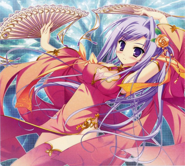 Anime picture 1447x1307 with prismrhythm (game) tokitou kasumi sesena yau single long hair blush breasts purple eyes cleavage purple hair hair flower light smile chinese clothes dancing girl thighhighs hair ornament ribbon (ribbons) rose (roses) fan