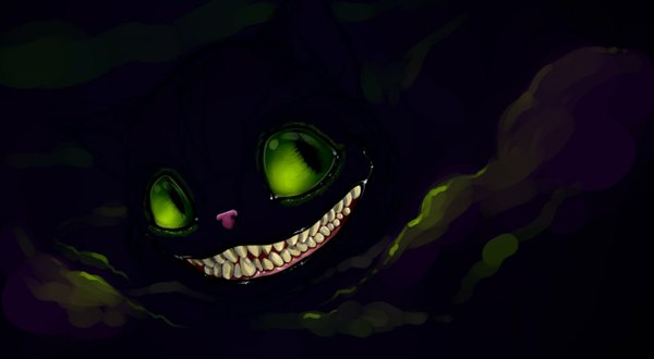 Anime picture 1280x705 with alice in wonderland american mcgee's alice (game) alice: madness returns cheshire cat smile wide image green eyes black background gloom cat