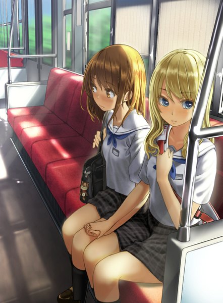 Anime picture 715x970 with original yoropa long hair tall image blush blue eyes blonde hair sitting multiple girls holding green eyes looking away embarrassed holding hands hand on chest plaid skirt shoujo ai girl skirt uniform