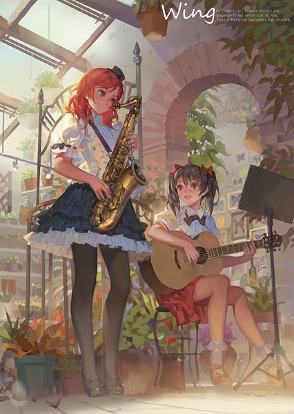 Anime picture 736x1037 with love live! school idol project sunrise (studio) love live! nishikino maki yazawa nico alphonse (white datura) long hair tall image black hair smile red eyes sitting purple eyes twintails multiple girls red hair inscription girl skirt flower (flowers)