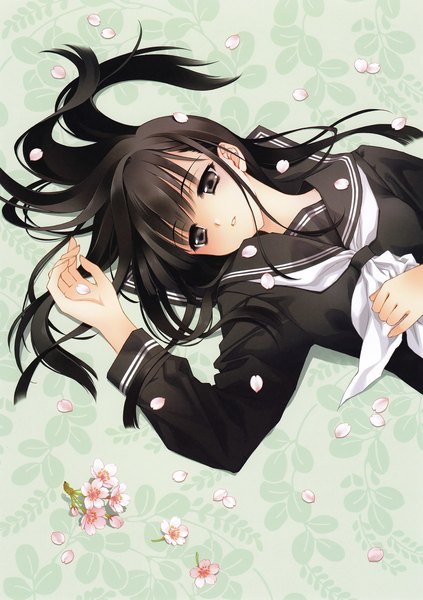Anime picture 2164x3068 with original eshi 100-nin ten carnelian single long hair tall image highres black hair black eyes girl flower (flowers) petals serafuku
