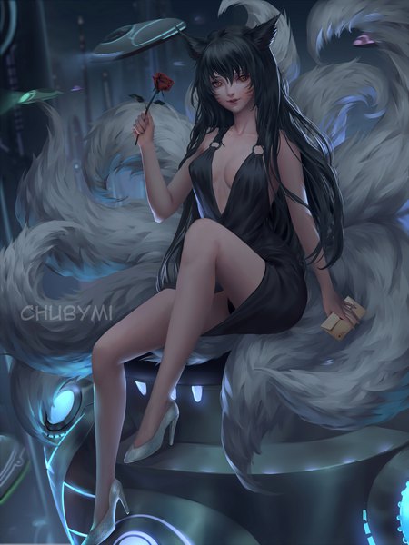 Anime picture 1500x2000 with league of legends ahri (league of legends) chubymi single long hair tall image looking at viewer fringe breasts light erotic smile hair between eyes sitting holding brown eyes signed animal ears bent knee (knees) tail parted lips