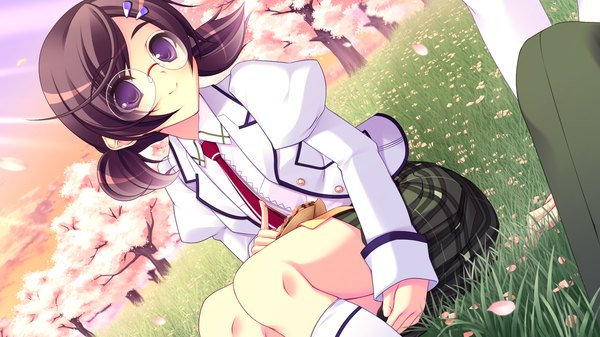 Anime picture 2048x1152 with pochi to goshujin-sama highres short hair black hair wide image purple eyes game cg girl glasses serafuku