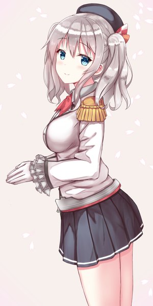 Anime picture 1050x2100 with kantai collection kashima training cruiser tukisiro nao single long hair tall image blush fringe blue eyes simple background smile standing twintails payot looking away silver hair pleated skirt grey background hands clasped girl