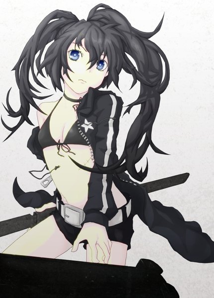 Anime picture 1200x1669 with black rock shooter black rock shooter (character) long hair tall image fringe blue eyes black hair twintails looking away scar navel sword shorts belt katana short shorts bikini top