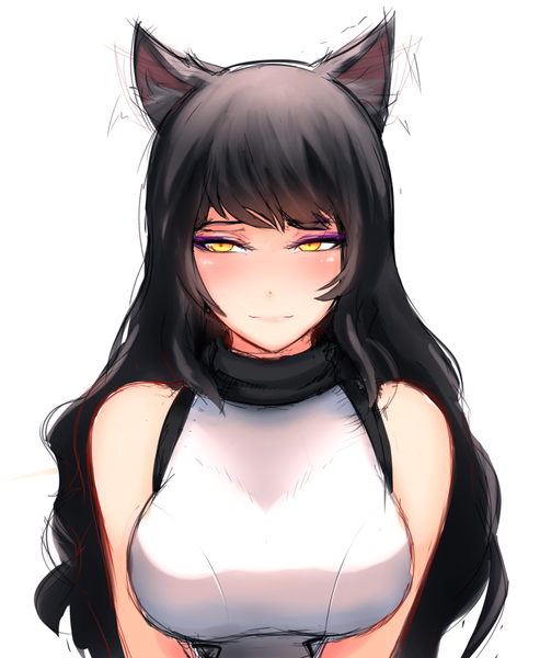 Anime picture 780x950 with rwby rooster teeth blake belladonna razalor single long hair tall image looking at viewer blush fringe breasts black hair simple background large breasts white background animal ears yellow eyes light smile cat ears cat girl