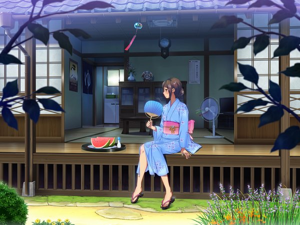 Anime picture 1600x1200 with original studio outline single blush short hair brown hair sitting brown eyes traditional clothes japanese clothes girl flower (flowers) food kimono obi fan berry (berries) sliding doors watermelon japanese house