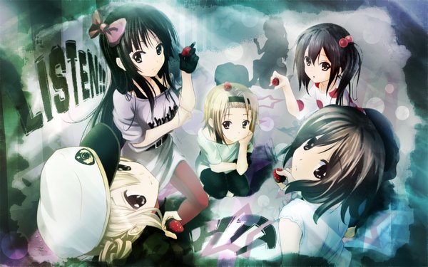 Anime picture 1920x1200 with k-on! kyoto animation akiyama mio hirasawa yui nakano azusa tainaka ritsu long hair highres short hair black hair blonde hair brown hair wide image multiple girls brown eyes black eyes group girl bow hair bow