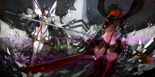 Anime picture 1920x960 with kill la kill studio trigger matoi ryuuko kiryuuin satsuki blueman long hair highres short hair breasts light erotic black hair wide image large breasts multiple girls cleavage ass red hair multicolored hair two-tone hair bare belly