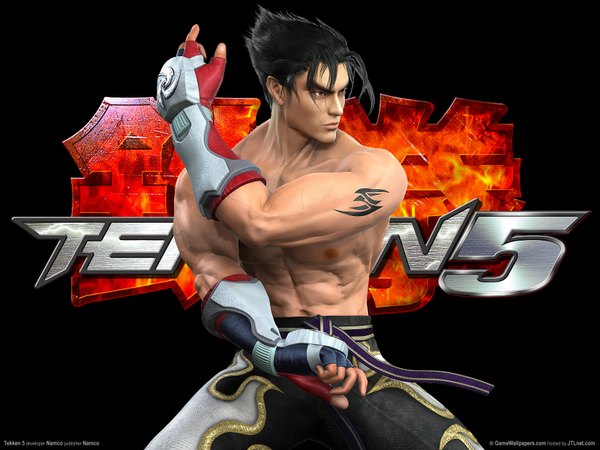 Anime picture 1600x1200 with tekken namco (studio) jin kazama short hair black hair black eyes realistic tattoo topless muscle boy gloves fingerless gloves