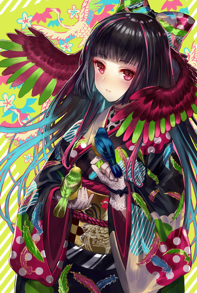 Anime picture 1000x1481 with original terai (teraimorimori) single long hair tall image blush fringe black hair payot looking away upper body blunt bangs traditional clothes japanese clothes pink eyes multicolored hair streaked hair gradient hair head wings bird on hand