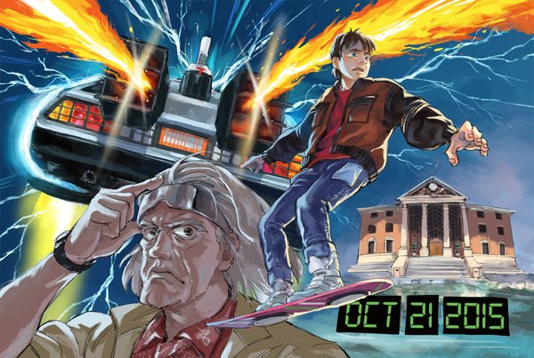 Anime picture 2242x1507 with back to the future emmett brown marty mcfly mujun kamen highres short hair open mouth blue eyes black hair brown eyes white hair multiple boys dated electricity boy jacket building (buildings) 2 boys clock fire
