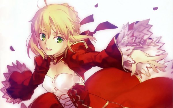 Anime picture 1920x1200 with fate (series) fate/stay night studio deen type-moon artoria pendragon (all) saber tagme (artist) single highres short hair blonde hair wide image white background green eyes cleavage spread arms girl dress petals