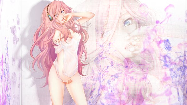 Anime picture 1192x670 with vocaloid megurine luka masami chie single long hair looking at viewer fringe breasts blue eyes light erotic wide image large breasts standing bare shoulders pink hair cleavage head tilt hair over one eye teeth bare legs