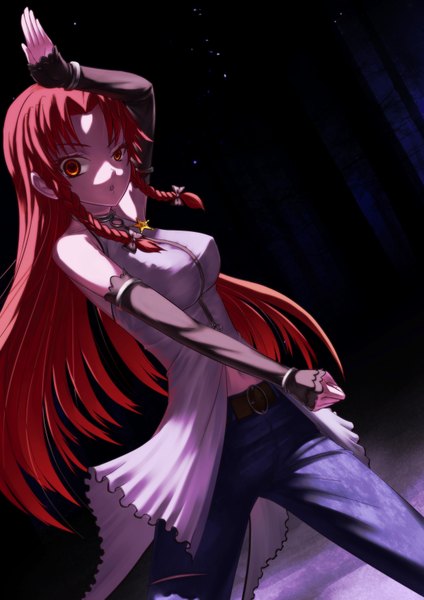 Anime picture 2480x3507 with touhou hong meiling qingmingtongzi single long hair tall image looking at viewer highres red eyes red hair braid (braids) night girl navel plant (plants) detached sleeves tree (trees) belt