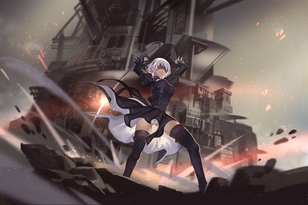 Anime picture 1350x900 with nier nier:automata yorha no. 2 type b afra single short hair breasts light erotic large breasts standing holding full body bent knee (knees) white hair light smile arms up puffy sleeves lacing blindfold architecture
