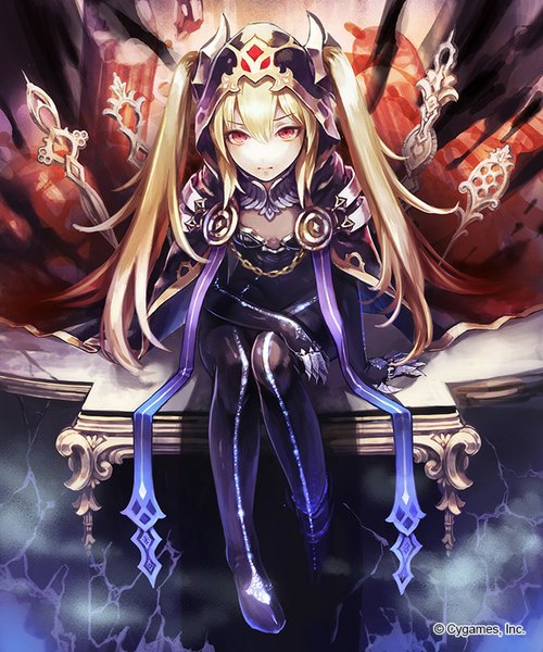 Anime picture 667x800 with original ma yo ko single long hair tall image looking at viewer fringe blonde hair red eyes sitting twintails bent knee (knees) horn (horns) from above girl gloves elbow gloves cape chain bodysuit