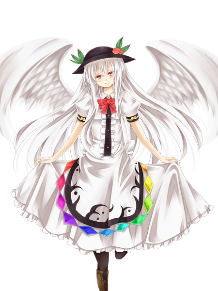 Anime picture 900x1200 with touhou hinanawi tenshi aru gunsou long hair tall image blush smile red eyes white hair transparent background alternate color girl dress hat wings bowtie