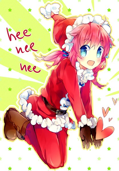 Anime picture 1200x1726 with inazuma eleven inazuma eleven go kirino ranmaru namie-kun single long hair tall image looking at viewer blush fringe open mouth blue eyes smile twintails pink hair low twintails christmas jumping boy hat