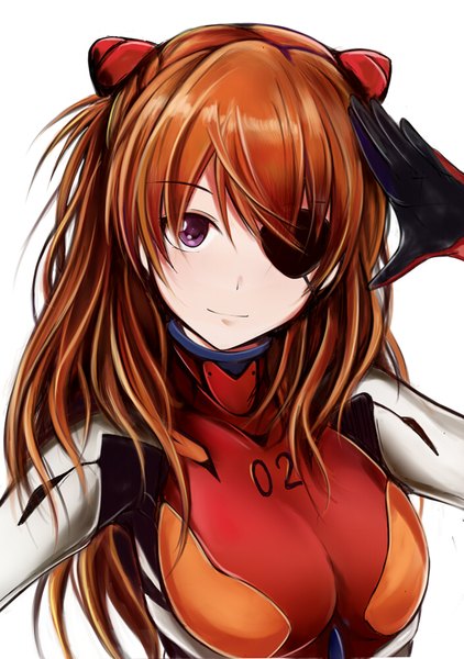 Anime picture 703x1000 with neon genesis evangelion gainax soryu asuka langley nannacy7 single long hair tall image looking at viewer blush fringe breasts light erotic simple background large breasts white background purple eyes upper body light smile orange hair salute
