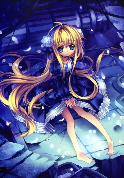 Anime picture 2468x3539 with capura lin long hair tall image highres blue eyes blonde hair ahoge hair flower loli girl dress hair ornament petals hairband locket