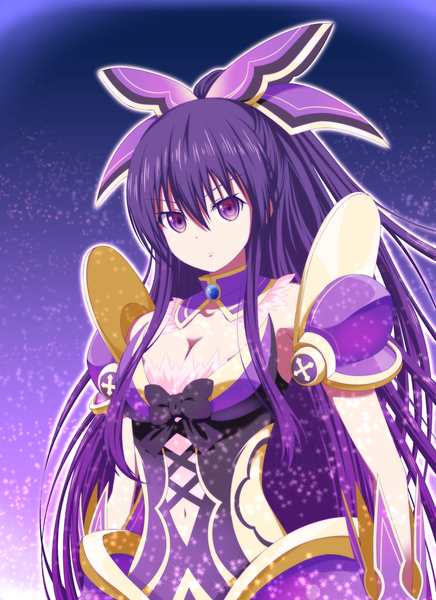 Anime picture 1550x2133 with date a live yatogami tooka oekakizuki single long hair tall image looking at viewer fringe breasts hair between eyes purple eyes cleavage purple hair upper body ponytail sparkle gradient background half updo serious purple background